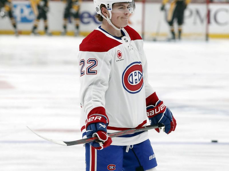 Feb 22, 2024; Pittsburgh, Pennsylvania, USA;  Montreal Canadiens right wing Cole Caufield (22) warms up before the game against the Pittsburgh Penguins at PPG Paints Arena. Mandatory Credit: Charles LeClaire-USA TODAY Sports