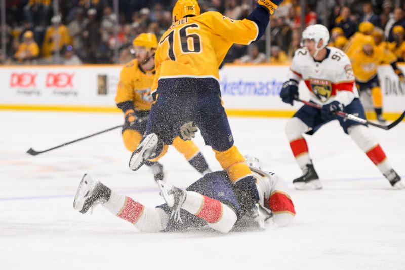 Feb 25, 2025; Nashville, Tennessee, USA;  Nashville Predators defenseman Brady Skjei (76) takes down Florida Panthers left wing A.J. Greer (10) during the second period at Bridgestone Arena. Mandatory Credit: Steve Roberts-Imagn Images