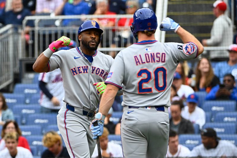 Aug 21, 2025; Washington, District of Columbia, USA; New York Mets designated hitter Starling Marte (6) is congratulated by first baseman Pete Alonso (20) after hitting a solo home run against the Washington Nationals during the third inning at Nationals Park. Mandatory Credit: Brad Mills-Imagn Images