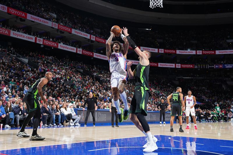 PHILADELPHIA, PA - FEBRUARY 2: Kelly Oubre Jr. #9 of the Philadelphia 76ers drives to the basket during the game against the Boston Celtics on February 2, 2025 at the Wells Fargo Center in Philadelphia, Pennsylvania NOTE TO USER: User expressly acknowledges and agrees that, by downloading and/or using this Photograph, user is consenting to the terms and conditions of the Getty Images License Agreement. Mandatory Copyright Notice: Copyright 2025 NBAE(Photo by Jesse D. Garrabrant/NBAE via Getty Images)