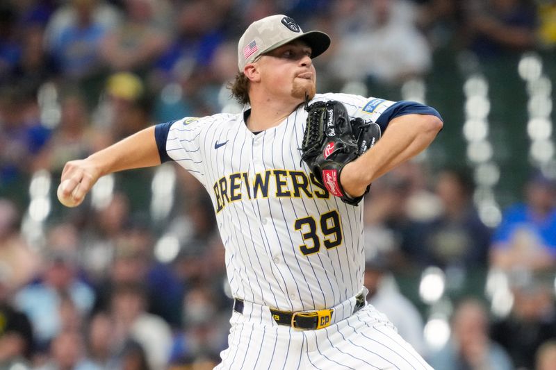 May 16, 2025; Milwaukee, Wisconsin, USA;  Milwaukee Brewers pitcher Chad Patrick (39) throws a pitch during the first inning against the Minnesota Twins at American Family Field. Mandatory Credit: Jeff Hanisch-Imagn Images