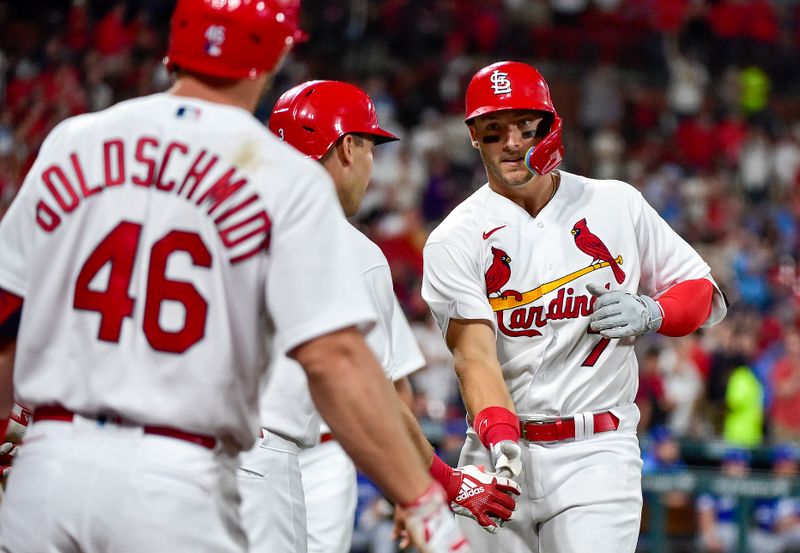 Apr 12, 2022; St. Louis, Missouri, USA;  St. Louis Cardinals catcher Andrew Knizner (7) is congratulated by teammates after hitting a three run home run against the Kansas City Royals during the fourth inning at Busch Stadium. Mandatory Credit: Jeff Curry-USA TODAY Sports