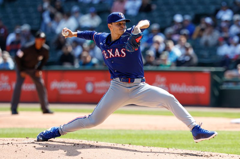 May 24, 2025; Chicago, Illinois, USA; Texas Rangers starting pitcher Jack Leiter (35) delivers a pitch against the Chicago White Sox during the first inning at Rate Field. Mandatory Credit: Kamil Krzaczynski-Imagn Images