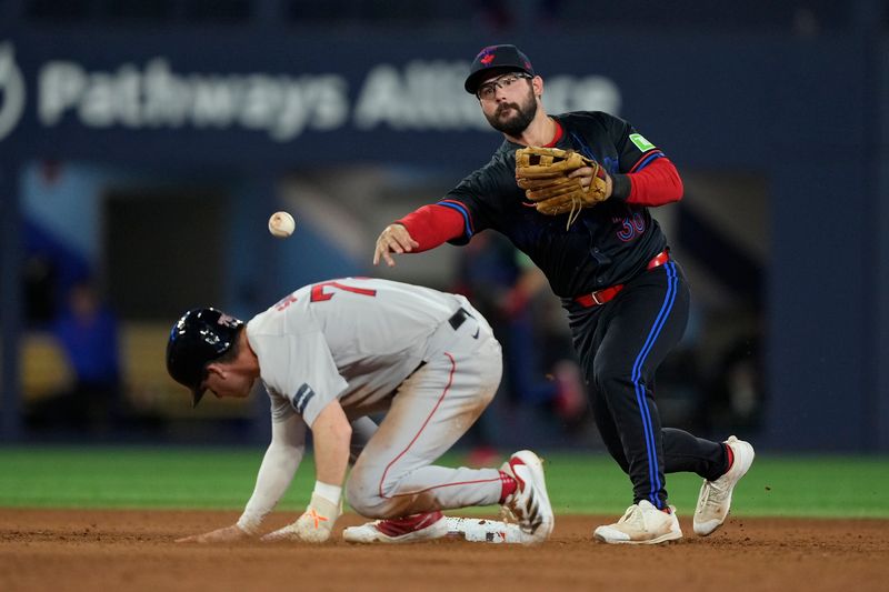 Sep 23, 2024; Toronto, Ontario, CAN; Toronto Blue Jays second baseman Davis Schneider (36) throws to first after getting Boston Red Sox third baseman Nick Sogard (75) out at second base on a force play during the eighth inning at Rogers Centre. Mandatory Credit: John E. Sokolowski-Imagn Images