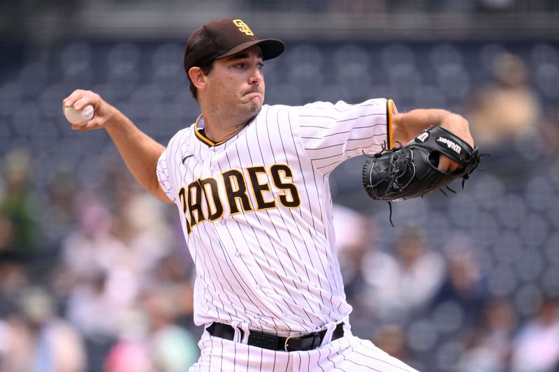 Sep 20, 2023; San Diego, California, USA; San Diego Padres starting pitcher Seth Lugo (67) throws a pitch against the Colorado Rockies during the first inning at Petco Park. Mandatory Credit: Orlando Ramirez-USA TODAY Sports