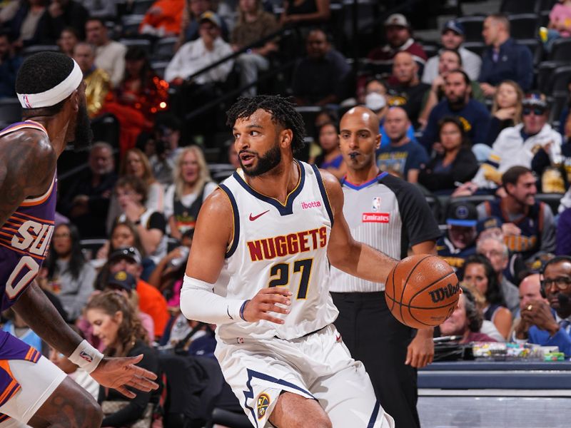 DENVER, CO - OCTOBER 13: Jamal Murray #27 of the Denver Nuggets dribbles the ball during the game against the Phoenix Suns on October 13, 2024 at Ball Arena in Denver, Colorado. NOTE TO USER: User expressly acknowledges and agrees that, by downloading and/or using this Photograph, user is consenting to the terms and conditions of the Getty Images License Agreement. Mandatory Copyright Notice: Copyright 2024 NBAE (Photo by Bart Young/NBAE via Getty Images)