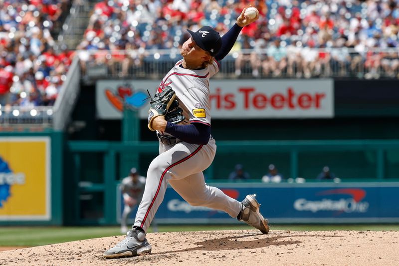 Jun 9, 2024; Washington, District of Columbia, USA; Atlanta Braves starting pitcher Hurston Waldrep (30) pitches during his MLB debut against the Washington Nationals during the second inning at Nationals Park. Mandatory Credit: Geoff Burke-USA TODAY Sports