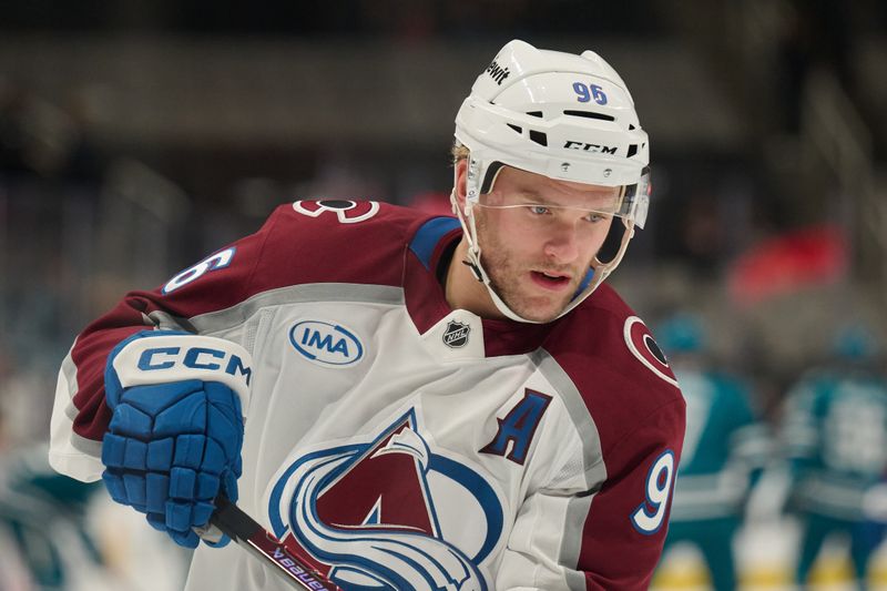 Oct 20, 2024; San Jose, California, USA; Colorado Avalanche right wing Mikko Rantanen (96) warms up on the ice before the game against the San Jose Sharks at SAP Center at San Jose. Mandatory Credit: Robert Edwards-Imagn Images