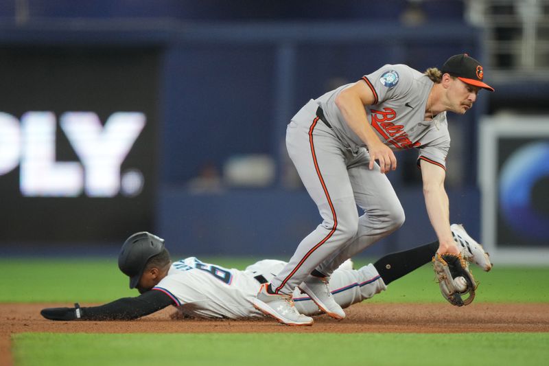 Jul 25, 2024; Miami, Florida, USA;  Miami Marlins shortstop Xavier Edwards (63) steals second base against Baltimore Orioles shortstop Gunnar Henderson (2) in the first inning at loanDepot Park. Mandatory Credit: Jim Rassol-USA TODAY Sports