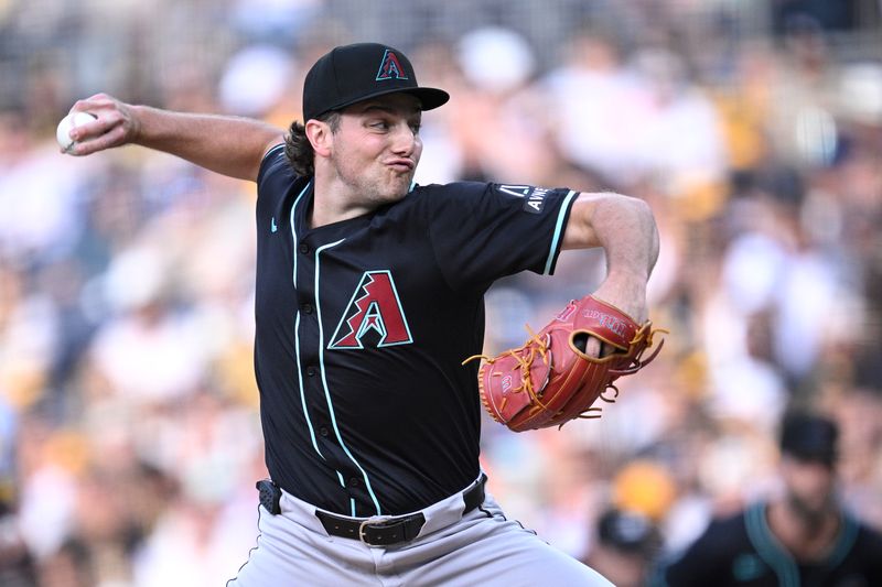 Jul 6, 2024; San Diego, California, USA; Arizona Diamondbacks starting pitcher Brandon Pfaadt (32) pitches against the San Diego Padres during the first inning at Petco Park. Mandatory Credit: Orlando Ramirez-USA TODAY Sports