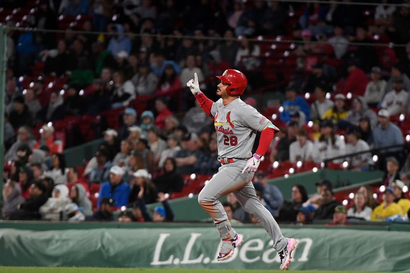 May 14, 2023; Boston, Massachusetts, USA; St. Louis Cardinals third baseman Nolan Arenado (28) reacts to his two run home run during the eighth inning against the Boston Red Sox at Fenway Park. Mandatory Credit: Eric Canha-USA TODAY Sports