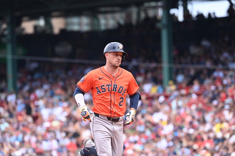 Aug 11, 2024; Boston, Massachusetts, USA; Houston Astros third baseman Alex Bregman (2) runs out the bases after hitting a three-run home run against the Boston Red Sox during the fifth inning at Fenway Park. Mandatory Credit: Eric Canha-USA TODAY Sports