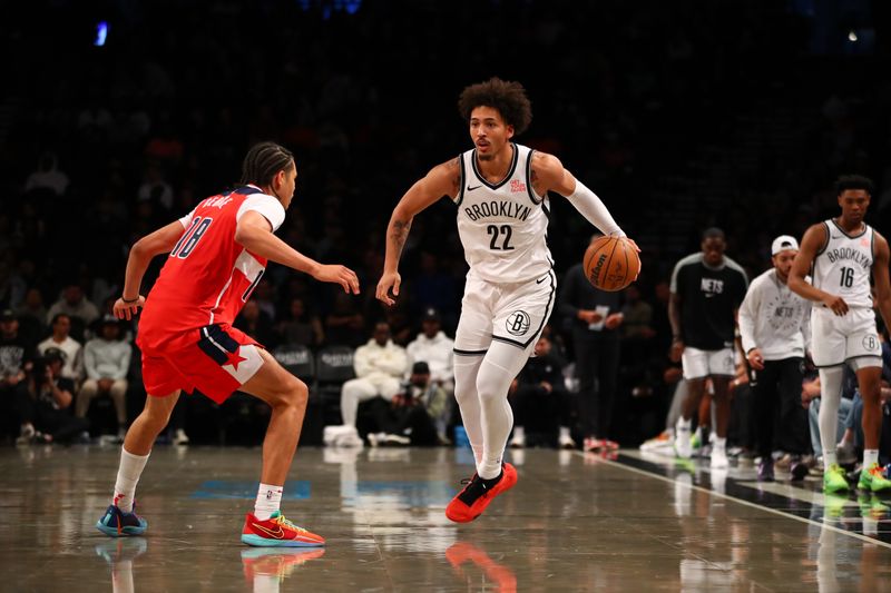 BROOKLYN, NY - OCTOBER 14: Jalen Wilson #22 of the Brooklyn Nets dribbles the ball during the game against the Washington Wizards during a NBA preseason game on October 14, 2024 at Barclays Center in Brooklyn, New York. NOTE TO USER: User expressly acknowledges and agrees that, by downloading and or using this Photograph, user is consenting to the terms and conditions of the Getty Images License Agreement. Mandatory Copyright Notice: Copyright 2024 NBAE (Photo by David L. Nemec/NBAE via Getty Images)