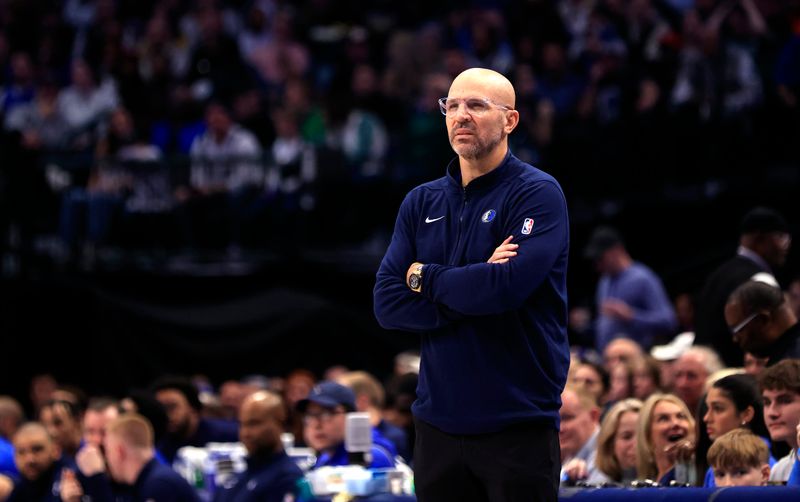 DALLAS, TX - JANUARY 27:  Head coach Jason Kidd # of the Dallas Mavericks looks on as Dallas takes on the Sacramento Kings in the first half at American Airlines Center on January 27, 2024 in Dallas, Texas. NOTE TO USER: User expressly acknowledges and agrees that, by downloading and or using this photograph, User is consenting to the terms and conditions of the Getty Images License Agreement. (Photo by Ron Jenkins/Getty Images)