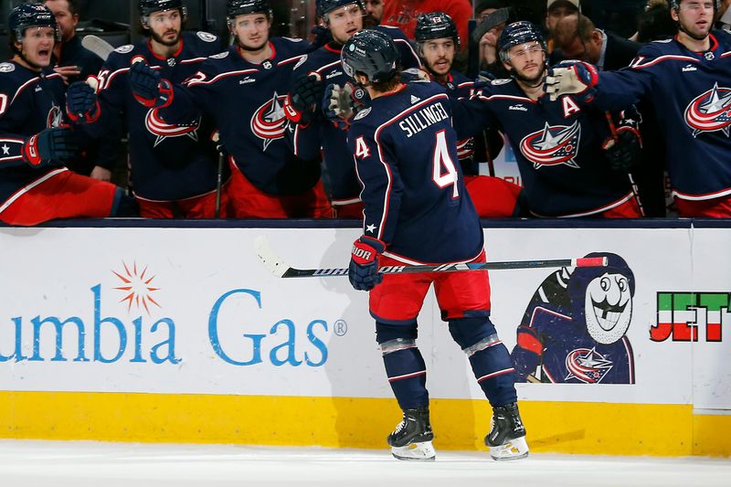 Dec 29, 2023; Columbus, Ohio, USA; Columbus Blue Jackets Forward Cole Sillinger (4) celebrates his goal against the Toronto Maple Leafs during the first period at Nationwide Arena. Mandatory Credit: Russell LaBounty-USA TODAY Sports