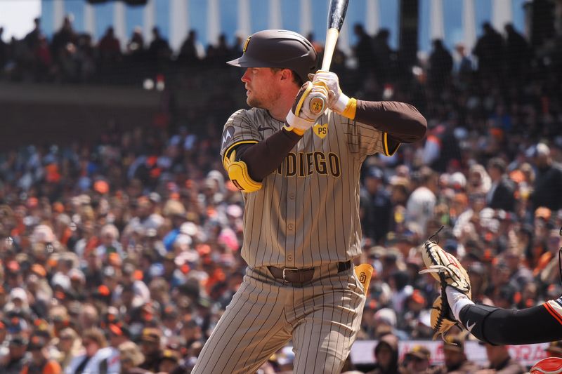 Apr 5, 2024; San Francisco, California, USA; San Diego Padres first baseman Jake Cronenworth (9) stands at bat against the San Francisco Giants during the first inning at Oracle Park. Mandatory Credit: Kelley L Cox-USA TODAY Sports