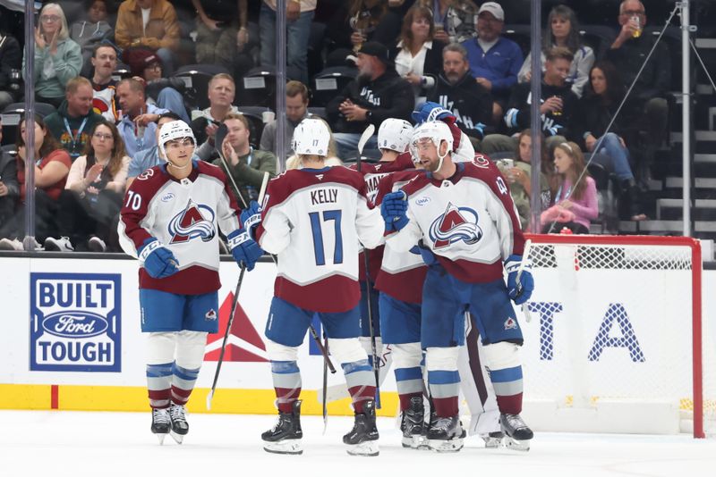 Oct 24, 2024; Salt Lake City, Utah, USA; The Colorado Avalanche celebrate a win over the Utah Hockey Club at Delta Center. Mandatory Credit: Rob Gray-Imagn Images