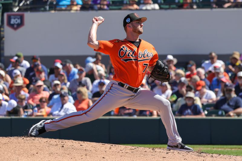 Feb 26, 2023; Lakeland, Florida, USA; Baltimore Orioles relief pitcher Logan Gillaspie (71) throws a pitch during the third inning against the Detroit Tigers at Publix Field at Joker Marchant Stadium. Mandatory Credit: Mike Watters-USA TODAY Sports