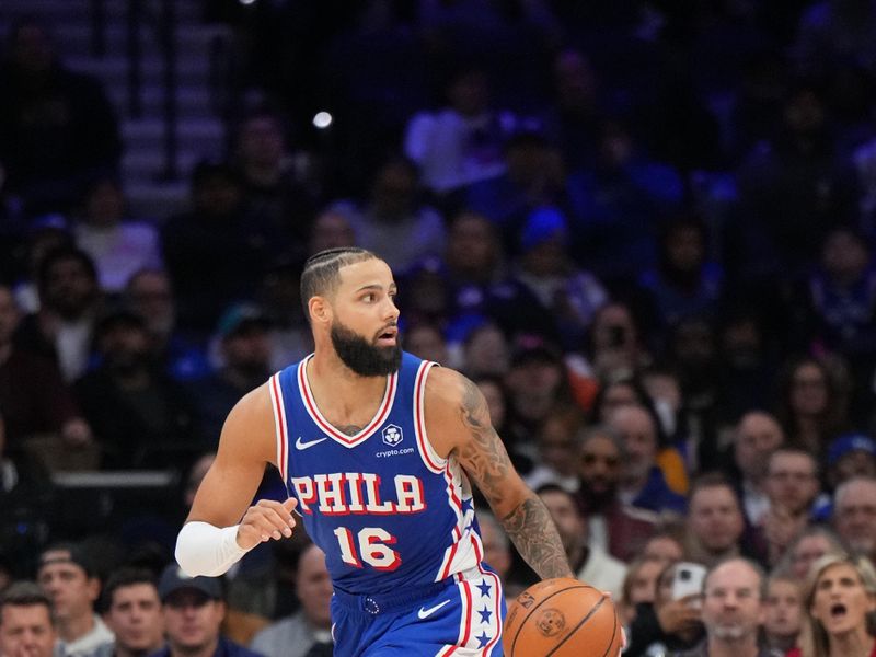 PHILADELPHIA, PA - NOVEMBER 13: Caleb Martin #16 of the Philadelphia 76ers dribbles the ball during the game against the Cleveland Cavaliers on November 13, 2024 at the Wells Fargo Center in Philadelphia, Pennsylvania NOTE TO USER: User expressly acknowledges and agrees that, by downloading and/or using this Photograph, user is consenting to the terms and conditions of the Getty Images License Agreement. Mandatory Copyright Notice: Copyright 2024 NBAE (Photo by Jesse D. Garrabrant/NBAE via Getty Images)