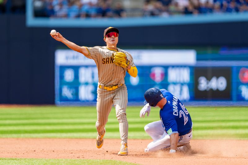 Jul 20, 2023; Toronto, Ontario, CAN; San Diego Padres second baseman Ha-Seong Kim (7) throws to first base as Toronto Blue Jays third baseman Matt Chapman (26) slides into second base during the seventh inning at Rogers Centre. Mandatory Credit: Kevin Sousa-USA TODAY Sports