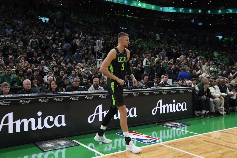 BOSTON, MA - NOVEMBER 25: Kristaps Porzingis #8 of the Boston Celtics before the game against the LA Clippers on November 25, 2024 at TD Garden in Boston, Massachusetts. NOTE TO USER: User expressly acknowledges and agrees that, by downloading and/or using this Photograph, user is consenting to the terms and conditions of the Getty Images License Agreement. Mandatory Copyright Notice: Copyright 2024 NBAE (Photo by Brian Babineau/NBAE via Getty Images)