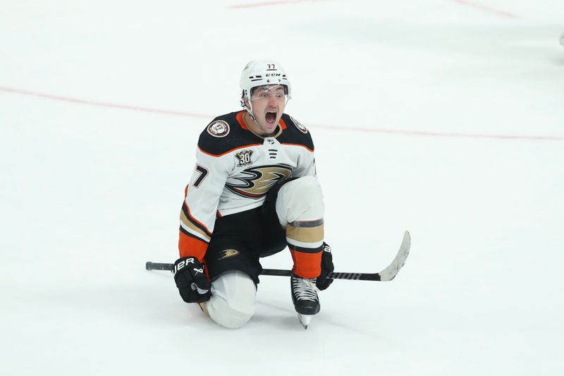 Oct 24, 2023; Columbus, Ohio, USA; Anaheim Ducks right wing Frank Vatrano (77) celebrates the game winning goal during the overtime period against the Columbus Blue Jackets at Nationwide Arena. Mandatory Credit: Joseph Maiorana-USA TODAY Sports