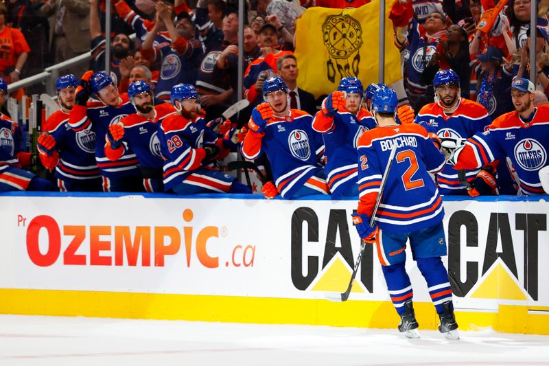 May 25, 2025; Edmonton, Alberta, CAN; The Edmonton Oilers celebrates a goal scored by defenseman Evan Bouchard (2) against the Dallas Stars during the first period in game three of the Western Conference Final of the 2025 Stanley Cup Playoffs at Rogers Place. Mandatory Credit: Perry Nelson-Imagn Images