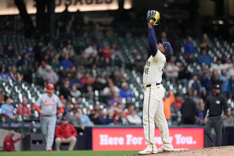 May 9, 2024; Milwaukee, Wisconsin, USA;  Milwaukee Brewers pitcher Thyago Vieira (49) celebrates following the final out if the ninth inning against the St. Louis Cardinals at American Family Field. Mandatory Credit: Jeff Hanisch-USA TODAY Sports