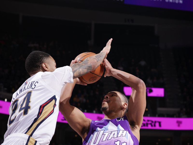 SALT LAKE CITY, UT - MARCH 2: Kinsey Taevion #11 of the Utah Jazz drives to the basket during the game against the New Orleans Pelicans on March 2, 2025 at Delta Center in Salt Lake City, Utah. NOTE TO USER: User expressly acknowledges and agrees that, by downloading and or using this Photograph, User is consenting to the terms and conditions of the Getty Images License Agreement. Mandatory Copyright Notice: Copyright 2025 NBAE (Photo by Melissa Majchrzak/NBAE via Getty Images)