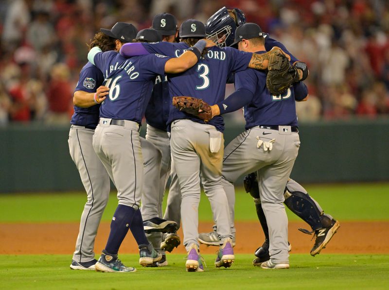 Aug 5, 2023; Anaheim, California, USA;  Seattle Mariners celebrate after defeating the Los Angeles Angels at Angel Stadium. Mandatory Credit: Jayne Kamin-Oncea-USA TODAY Sports