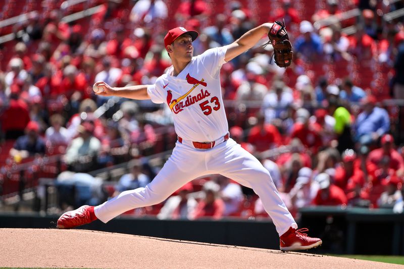May 21, 2025; St. Louis, Missouri, USA;  St. Louis Cardinals starting pitcher Andre Pallante (53) pitches against the Detroit Tigers during the first inning at Busch Stadium. Mandatory Credit: Jeff Curry-Imagn Images