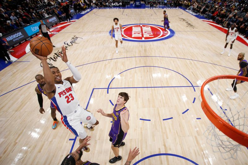 DETROIT, MI - NOVEMBER 4: Jaden Ivey #23 of the Detroit Pistons shoots the ball during the game against the Los Angeles Lakers on November 4, 2024 at Little Caesars Arena in Detroit, Michigan. NOTE TO USER: User expressly acknowledges and agrees that, by downloading and/or using this photograph, User is consenting to the terms and conditions of the Getty Images License Agreement. Mandatory Copyright Notice: Copyright 2024 NBAE (Photo by Brian Sevald/NBAE via Getty Images)