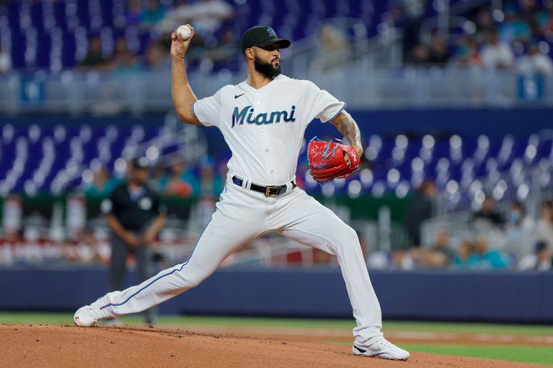 Jun 4, 2023; Miami, Florida, USA; Miami Marlins starting pitcher Sandy Alcantara (22) delivers a pitch against the Oakland Athletics during the first inning at loanDepot Park. Mandatory Credit: Sam Navarro-USA TODAY Sports