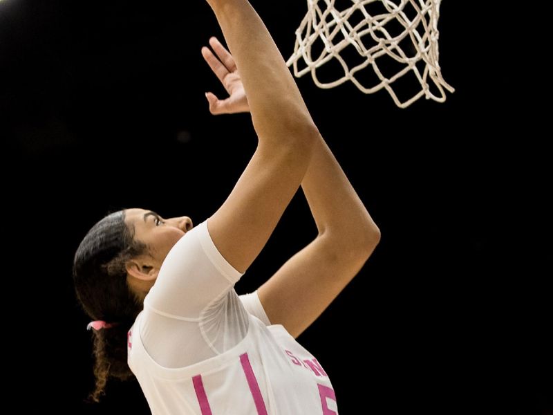 Feb 17, 2023; Stanford, California, USA;  Stanford Cardinal center Lauren Betts (51) shoots against the USC Trojans during the first half at Maples Pavilion. Mandatory Credit: John Hefti-USA TODAY Sports