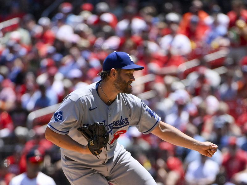 Jun 8, 2025; St. Louis, Missouri, USA;  Los Angeles Dodgers starting pitcher Clayton Kershaw (22) pitches against the St. Louis Cardinals during the first inning at Busch Stadium. Mandatory Credit: Jeff Curry-Imagn Images