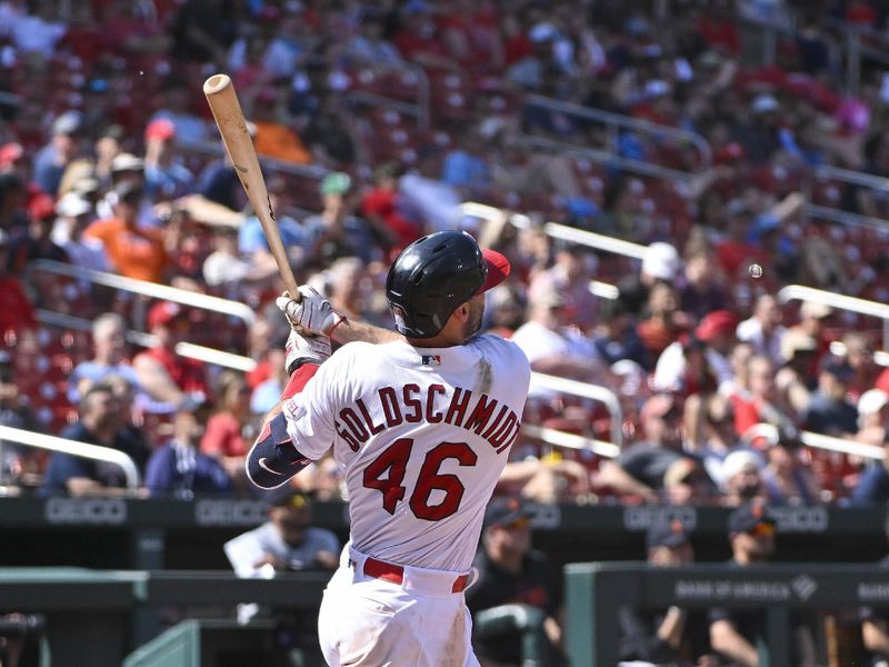 May 7, 2023; St. Louis, Missouri, USA;  St. Louis Cardinals first baseman Paul Goldschmidt (46) hits a two run home run for his third home run of the game against the Detroit Tigers during the eighth inning at Busch Stadium. Mandatory Credit: Jeff Curry-USA TODAY Sports