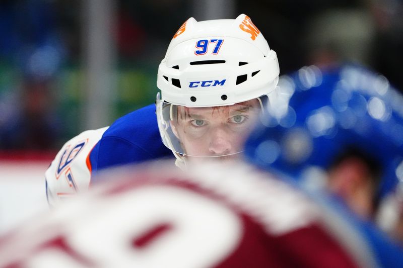 Nov 30, 2024; Denver, Colorado, USA; Edmonton Oilers center Connor McDavid (97) during the third period against the Colorado Avalanche at Ball Arena. Mandatory Credit: Ron Chenoy-Imagn Images