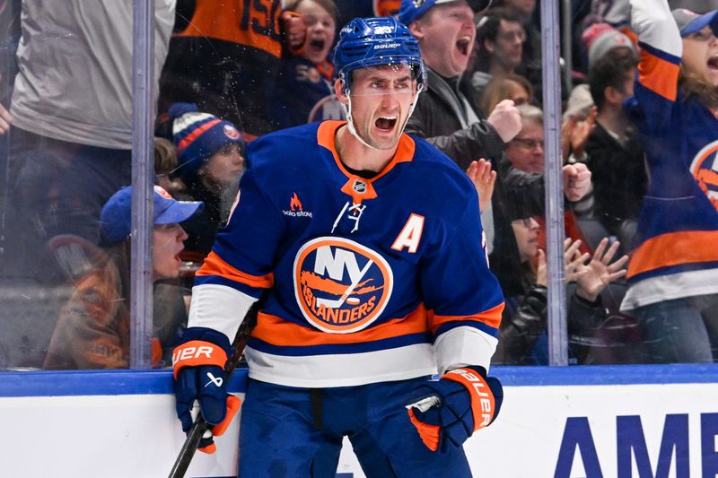 Nov 27, 2024; Elmont, New York, USA;  New York Islanders center Brock Nelson (29) celebrates his goal against the Boston Bruins during the second period at UBS Arena. Mandatory Credit: Dennis Schneidler-Imagn Images