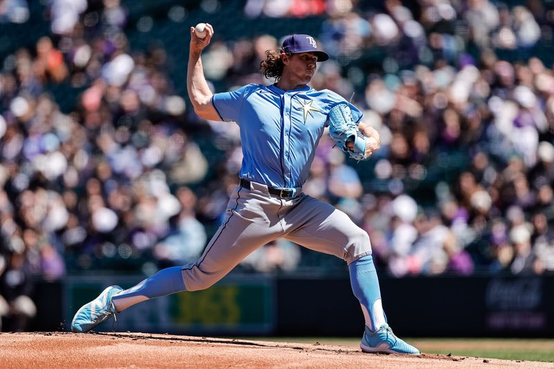 Apr 7, 2024; Denver, Colorado, USA; Tampa Bay Rays starting pitcher Ryan Pepiot (44) pitches in the first inning against the Colorado Rockies at Coors Field. Mandatory Credit: Isaiah J. Downing-USA TODAY Sports