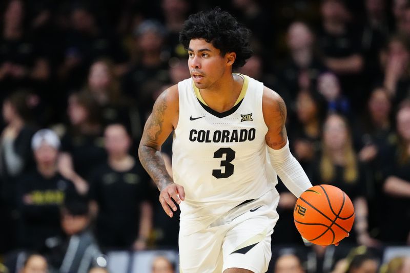 Jan 28, 2025; Boulder, Colorado, USA; Colorado Buffaloes guard Julian Hammond III (3) controls the ball in the second half against the Arizona State Sun Devils at CU Events Center. Mandatory Credit: Ron Chenoy-Imagn Images