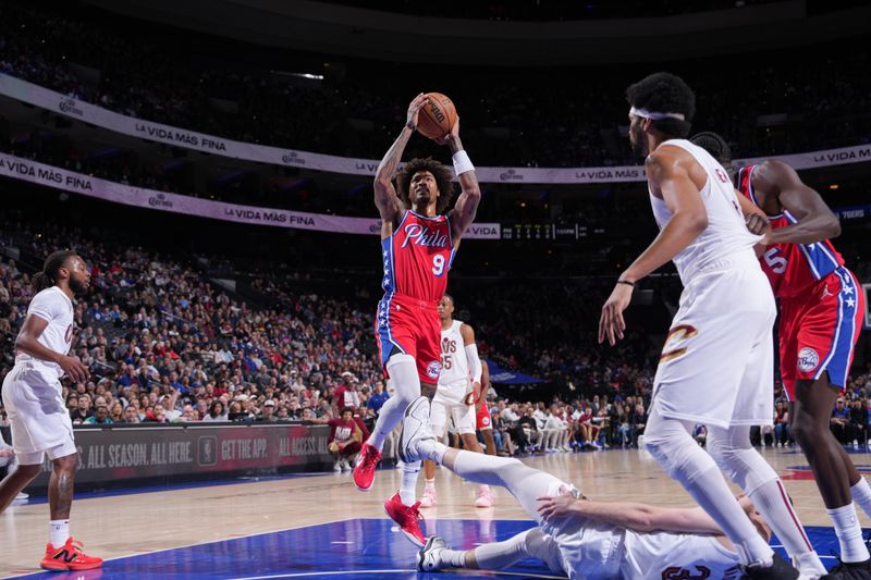 PHILADELPHIA, PA - FEBRUARY 23: Kelly Oubre Jr. #9 of the Philadelphia 76ers shoots the ball during the game against the Cleveland Cavaliers on February 23, 2024 at the Wells Fargo Center in Philadelphia, Pennsylvania NOTE TO USER: User expressly acknowledges and agrees that, by downloading and/or using this Photograph, user is consenting to the terms and conditions of the Getty Images License Agreement. Mandatory Copyright Notice: Copyright 2024 NBAE (Photo by Jesse D. Garrabrant/NBAE via Getty Images)