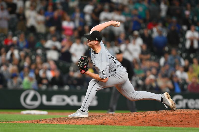 Jun 10, 2024; Seattle, Washington, USA; Chicago White Sox relief pitcher Jordan Leasure (49) pitches to the Seattle Mariners during the ninth inning at T-Mobile Park. Mandatory Credit: Steven Bisig-USA TODAY Sports
