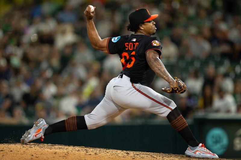 Jun 6, 2025; West Sacramento, California, USA; Baltimore Orioles pitcher Gregory Soto (65) delivers a pitch against the Athletics during the eighth inning at Sutter Health Park. Mandatory Credit: D. Ross Cameron-Imagn Images