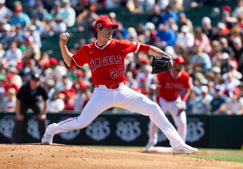 Mar 16, 2025; Tempe, Arizona, USA; Los Angeles Angels pitcher Kyle Hendricks against the San Diego Padres during a spring training game at Tempe Diablo Stadium. Mandatory Credit: Mark J. Rebilas-Imagn Images