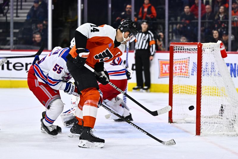 Feb 24, 2024; Philadelphia, Pennsylvania, USA; Philadelphia Flyers center Sean Couturier (14) hits the post on a shot attempt in the final seconds against the New York Rangers at Wells Fargo Center. Mandatory Credit: Kyle Ross-USA TODAY Sports