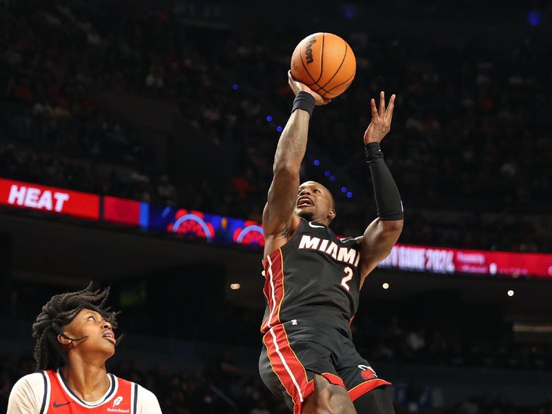 MEXICO CITY, MX - NOVEMBER 2: Terry Rozier #2 of the Miami Heat shoots the ball during the game against the Washington Wizards as part of 2024 NBA Mexico Games on November 2, 2024 in Mexico City, Mexico at Arena Ciudad de Mexico. NOTE TO USER: User expressly acknowledges and agrees that, by downloading and or using this photograph, User is consenting to the terms and conditions of the Getty Images License Agreement. Mandatory Copyright Notice: Copyright 2024 NBAE (Photo by Stephen Gosling/NBAE via Getty Images)