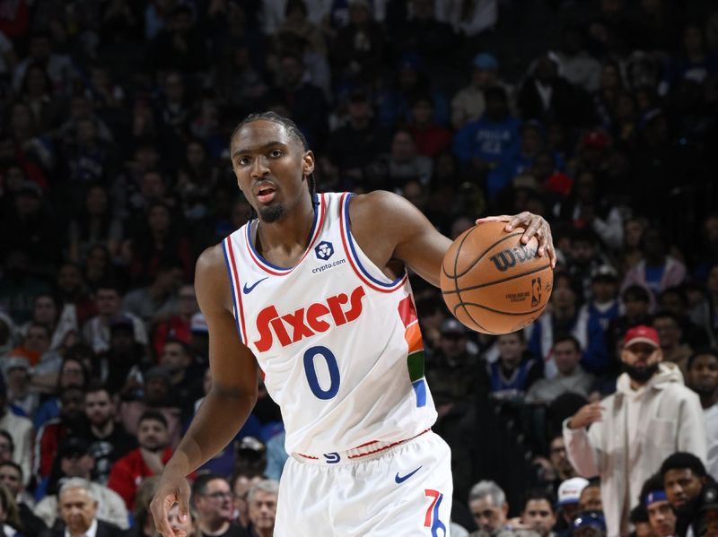 PHILADELPHIA, PA - NOVEMBER 27: Tyrese Maxey #0 of the Philadelphia 76ers dribbles the ball during the game against the Houston Rockets on November 27, 2024 at the Wells Fargo Center in Philadelphia, Pennsylvania NOTE TO USER: User expressly acknowledges and agrees that, by downloading and/or using this Photograph, user is consenting to the terms and conditions of the Getty Images License Agreement. Mandatory Copyright Notice: Copyright 2024 NBAE (Photo by David Dow/NBAE via Getty Images)