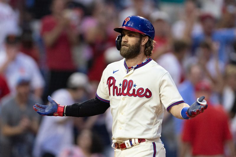 Aug 23, 2023; Philadelphia, Pennsylvania, USA; Philadelphia Phillies designated hitter Bryce Harper (3) reacts after hitting a three RBI home run during the ninth inning against the San Francisco Giants at Citizens Bank Park. Mandatory Credit: Bill Streicher-USA TODAY Sports