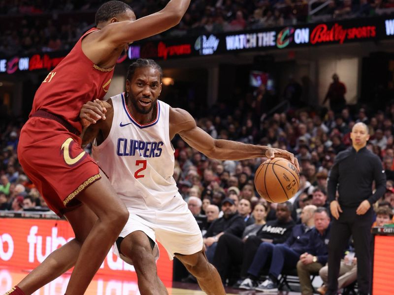 CLEVELAND, OH - JANUARY 29:  Kawhi Leonard #2 of the LA Clippers goes to the basket during the game on January 29, 2024 at Rocket Mortgage FieldHouse in Cleveland, Ohio. NOTE TO USER: User expressly acknowledges and agrees that, by downloading and/or using this Photograph, user is consenting to the terms and conditions of the Getty Images License Agreement. Mandatory Copyright Notice: Copyright 2024 NBAE (Photo by  Lauren Leigh Bacho/NBAE via Getty Images)