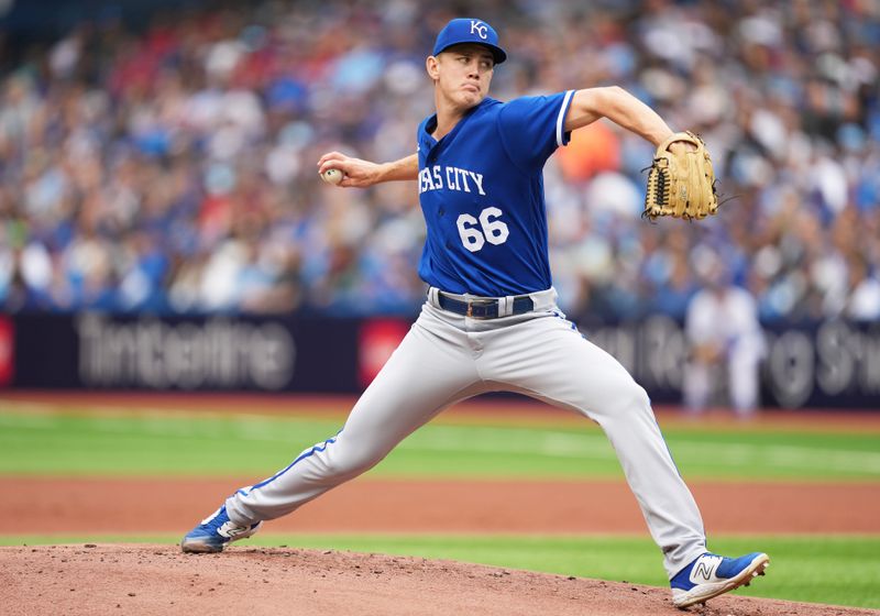 Sep 9, 2023; Toronto, Ontario, CAN; Kansas City Royals starting pitcher James McArthur (66) pitches against the Toronto Blue Jays during the first inning at Rogers Centre. Mandatory Credit: Nick Turchiaro-USA TODAY Sports